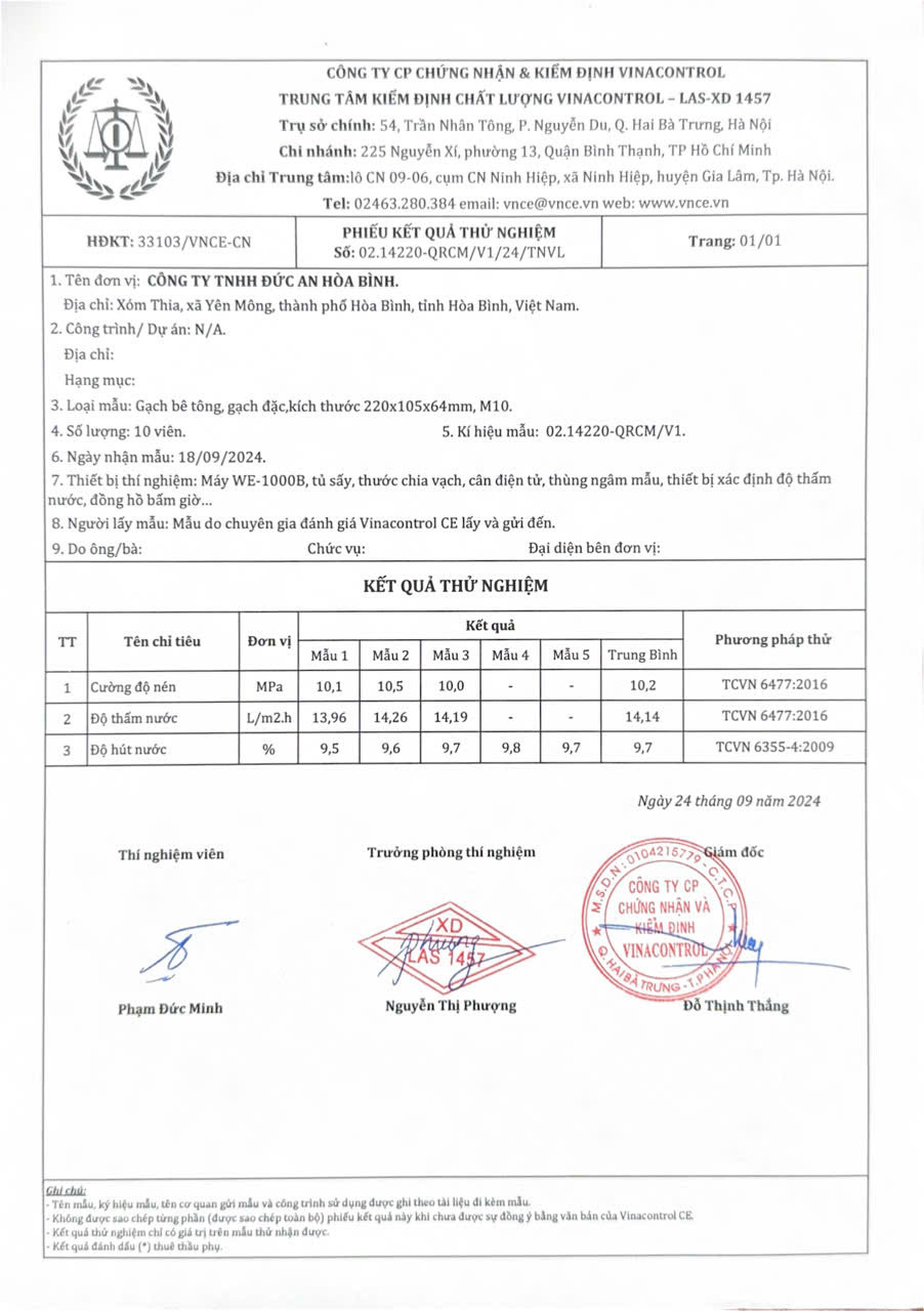 thử nghiệm gạch bê tông 210x100x60 miền bắc gạch đức an