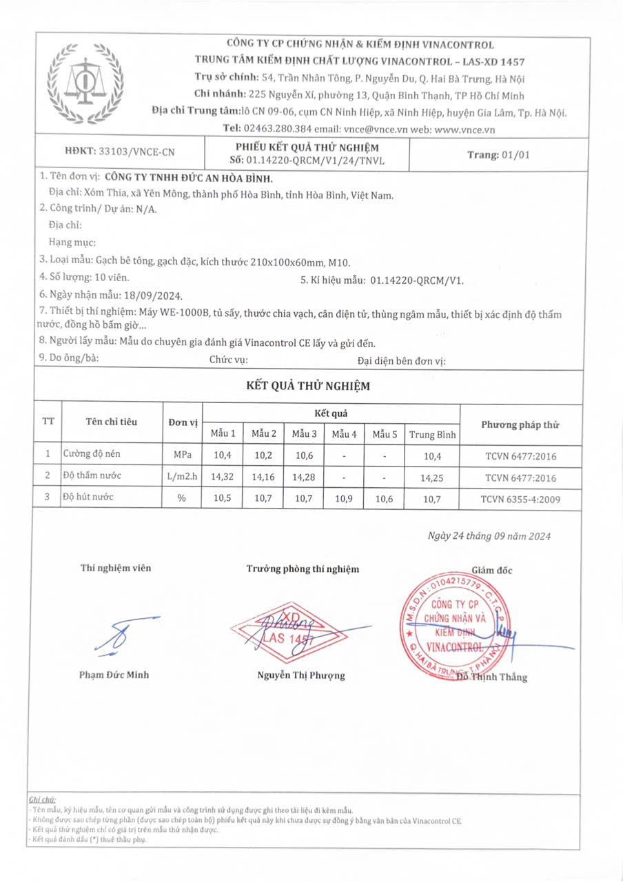 thử nghiệm gạch không nung 220x105x60 miền bắc gạch đức an